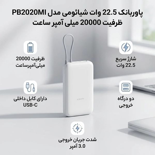 پاوربانک شیائومی 20000 میلی آمپر اورجینال فست شارژ 22.5W - Image 2